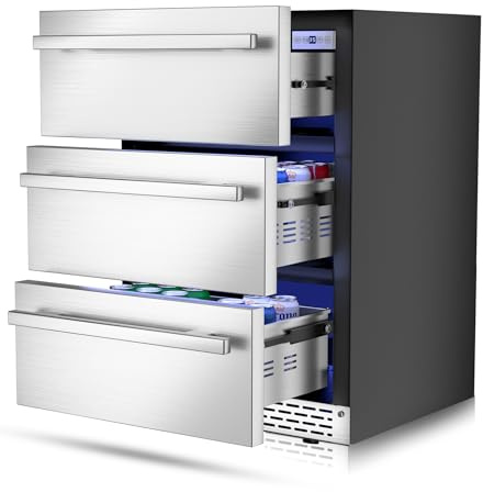RLPI 3 Drawer Outdoor Beverage Refrigerator Undercounter, Hold 180 Cans 24 inch Weather Proof Stainless Steel Beverage Fridge, Built-in & Freestanding Beverage Cooler Fridge for Soda, Beer, Fruit