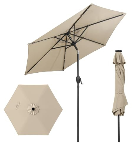 COSTWAY Parasoll 258 cm, trädgårdsparaply med vev för att öppna/stänga, böjbart på båda sidor, terrassparaply med 18 glasfiberribbor och aluminiumstång, marknadsparaply för trädgård (beige)