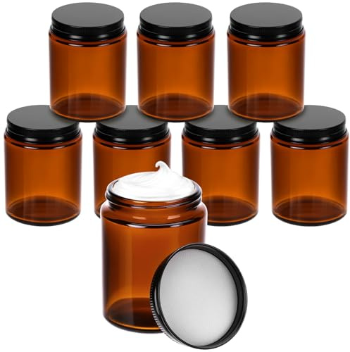 QWORK® 8 Stück 150 ml Amber Glas Leerdose mit schwarzem Deckel, UV-schützende Mehrzweckbehälter, für Ätherische Öle, Lotionen