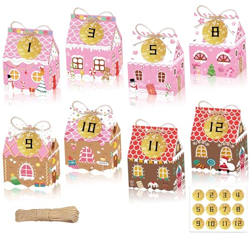BSITSSS 12 PCS Christmas Advent Calendar Boxes, Pink Christmas Boxes, DIY Advent Calendar 2025 Xmas Houses Gift Treat Box with 1-12 Countdown Stickers for Filling Xmas Decor