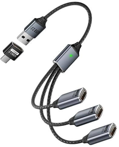 Leloco Splitter USB 2.0 1 a 3, USB A maschio a 3 femmina con adattatore, cavo USB Y distributore di corrente e trasferimento dati per telefoni cellulari, Mac, auto, PS4, laptop, ecc