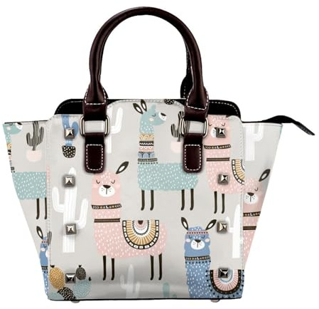 GSGCSBYMLG Llama Cactus printed Leather Rivet Shoulder Bag Genuine leather handbag