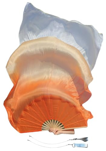 Winged Sirenny Paar Handgemalter Vielseitig Seidenfächer-Schleier mit Poi-Schnüren, Leichte 150cm Fächer-Pois für Bauchtanz, Tribal Dance, Bühnenshows & Spirituelle Tanz (orange Farbverlauf)