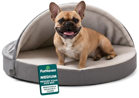 Furhaven 26 Round Memory Foam Dog Bed for Medium/Small Dogs w/ Removable Washable Cover, For Dogs Up to 30 lbs - Sherpa & Suede Snuggery - Gray, 26-inch