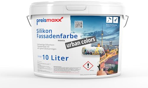 Preismaxx Silikonharz Fassadenfarbe, Grüngrau Grau 10L hochwertige, matte, wasserabweisende Aussen-Dispersion, sehr guter Regenschutz - Abperleffekt