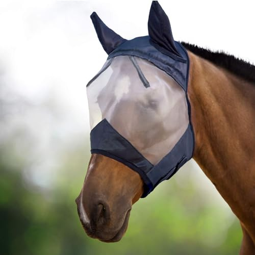 Harrison Howard CareMaster Horse Fly Mask Half Face with Ears Black/Silver Retro Medium Cob