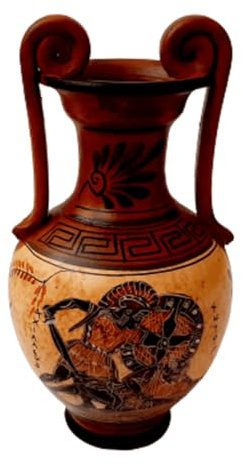 Antike griechische Vase, Amphore, 19 cm, mit braunen Farbtönen, zeigt Achilles, wie er Hektor tötet.