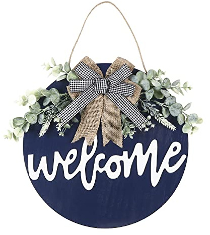 Sattiyrch Welcome Sign for Front Door Round Wood Sign Hanging for Farmhouse porch Door Decoration (Blue)