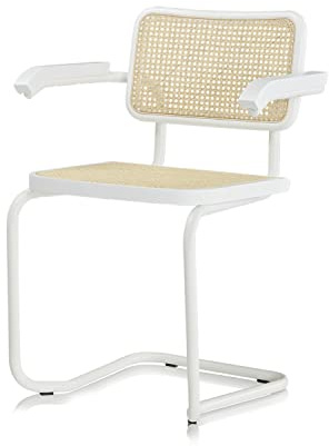 KHG Schwingstuhl Freischwinger, Küchenstuhl, Geflecht, Küchenstuhl Design | mit Armlehnen weiß Made in Italy, Rückenlehne und Sitzfläche aus Massivholz Buche und Rattan, Esszimmerstuhl