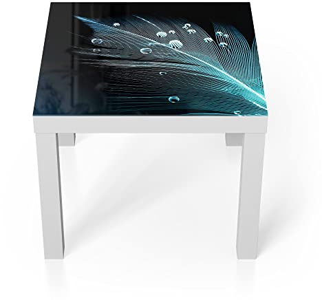 DEQORI Glastisch | weiß klein 55x55 cm | Motiv Feder mit Wasserperlen | ausgefallener Beistelltisch aus Glas | Hochglanz Couchtisch fürs Wohnzimmer | moderner Couch Tisch mit Design