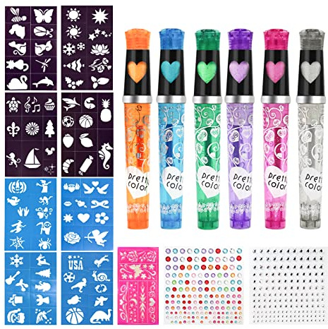 Tattoo Stifte 6 Farben Glitzer Set für Kinder, Glitzer Tattoo für die Haut, Tatoostift mit 8 Schablonen 80 Muster und Gesicht edelstein für Jungen und Mädchen Party Verkleiden