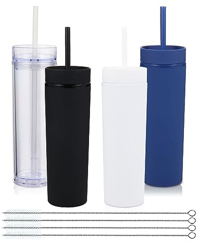 Volhoply 480 ml plast mager mugg med lock och sugrör bulk 4-pack, isolerad dubbelvägg BPA-fri matta akryl mugg, iskaffe resemugg party kopp, gör-det-själv presenter (sorterad, 4 set)