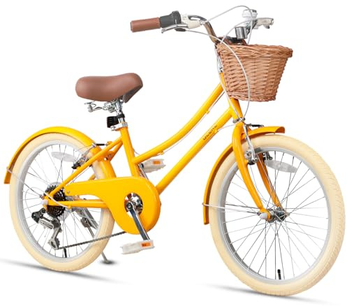 Glerc Missy 20 Tums Flickcykel Cruiser Hybrid Barncykel 6-Växlad Tonåring Stadcykel för Ungdomar 6 7 8 9 10 11 12 Åringar med Prickorg, Gul