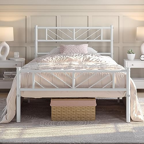 Yaheetech Cama Individual de Metal con Cabecero 90x200 cm Blanco | Base de Cama con Espacio de Almacenamiento Bajo la Cama Estilo Moderno
