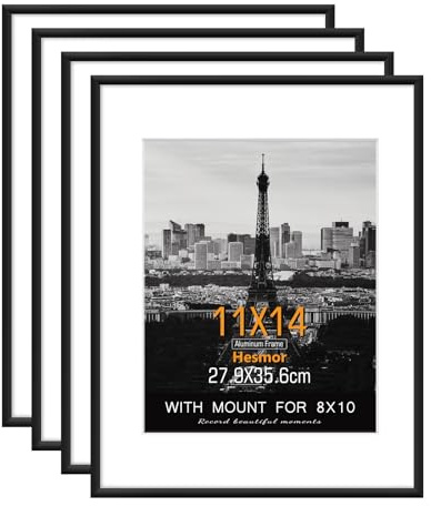 Hesmor Picture Frames 11 x 14 inch Aluminum Acrylic Picture Frame in Black, Set of 4 Photo Frames for Table Top and Wall Mounting with Mount for 8 x 10 inch Prints