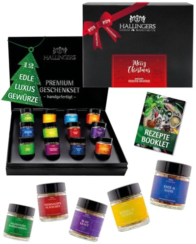 Hallingers Genuss Manufaktur Gewürz Weihnachts-Geschenk-Set - 12 Gewürze aus aller Welt in wertiger Geschenkbox mit Rezept-Booklet Merry Christmas, Weihnachten für Frauen Männer