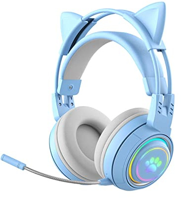 JINSERTA Casque De Jeu sans Fil, Joli Casque Lumineux Bluetooth à Oreilles De Chat avec Lumière LED, Design Pliable et Rétractable, pour Intérieur Extérieur Enfants Adultes