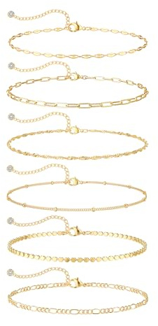 TEWIKY Waterproof Ankle Bracelets for Women, 14K Real Gold Filled Anklets for Women 6PCS Thiny Herringbone Box Paperclip Bead Figaro Cuban Link Anklet Set Dainty Gold Jewelry for Women Cute Summer