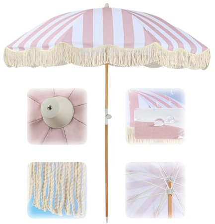 Elyrthriumc Ombrellone da spiaggia da 2 m, con frange, a righe, rosa e bianco, con nappe bianche, ombrellone da spiaggia portatile per esterni, ombrellone da giardino, UPF 50+, palo in legno da 3,2 cm