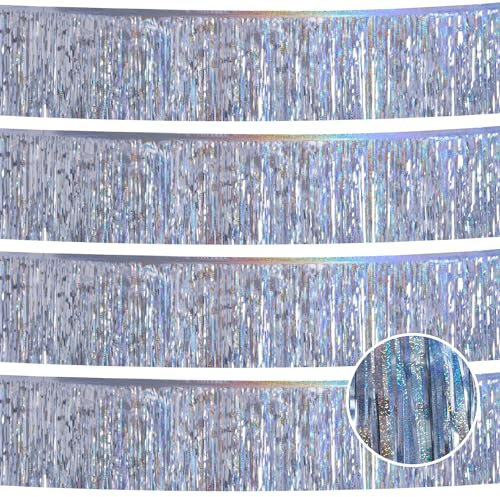 YUKL Laser Silver Streamers Party Decorations 4Pack 48FT Table Skirt Tinsel Garland Metallic Parade Float Decorations Ceiling Backdrop Curtain for Wedding Birthday Party Decoration Halloween Christmas