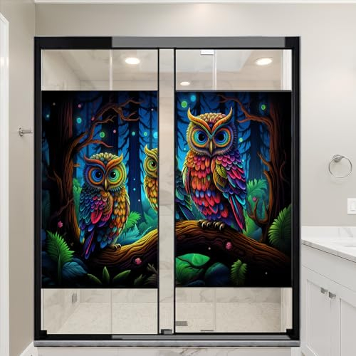 Bunte Eule Sichtschutz Fensterfolie Wald Nacht Natur Vogel Fantasy Buntglas Fensterabdeckungen kein Kleber statisch haftende Fensterfolie für Zuhause Büro Geschäfte 90 x 140 cm x 2 Stück