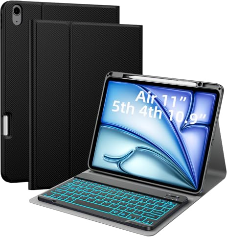 JUQITECH Case with Keyboard for iPad Air 11 Inch M4/M3/M2 2026/2025/2024, iPad Air 5th/4th Generation 7 Colors Backlit Wireless Detachable Keyboard Soft Protective Cover Case with Pencil Holder, Black