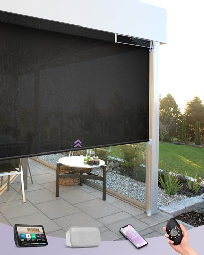 Graywind Customized Smart Outdoor Blinds Compatible Alexa Google, Waterproof Motorised Outdoor Shades with Remote, Exterior Window Solar Powered Outside Electric Blinds for Patio, 3% AegisLite Onyx