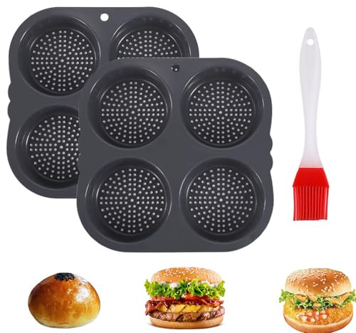 2 Stk Burger Brötchen Blech, Burger Buns Backform Silikon, Mit Grillbürste | Burger Buns Backform, Bunform Für Brot, Muffin Backform, Für Hamburger, Brot, Muffins, Küche Backwerkzeug, 4-Fach