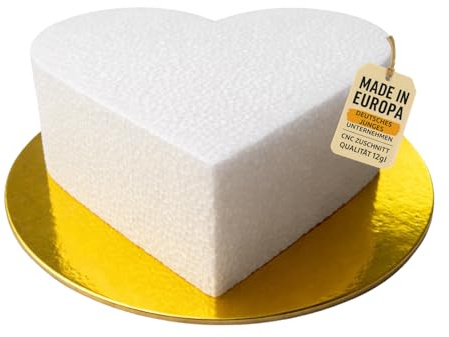 LA LILEYN Styropor Torte 1 Etage in Herz Herzform Extra hoch 7,5cm mit goldenem Herztortenboden – mit rundem doppelseitigem Aufkleber – Qualität 12g/l - Ideal als Cake dummy - Torten dummy - Geschenk