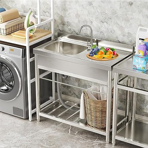 Évier de garage Évier de cuisine en acier inoxydable, évier de service autoportant à une cuve, évier autoportant avec plan de travail et robinets d'eau, évier de cuisine avec support