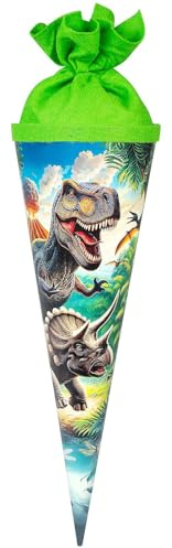 goldbuch 93 157 Geschwistertüte Vulkan, Schultüte mit Dinosaurier-Motiv, Lackkarton, Geschenkverpackung mit grünem Filzverschluss (ohne Verschlussband), Zuckertüte rund, Länge 35 cm, Ø 11,5 cm, Bunt