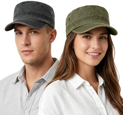 HIQIU Uppsättning av 2 militärkeps män justerbar vintage platt armékeps
