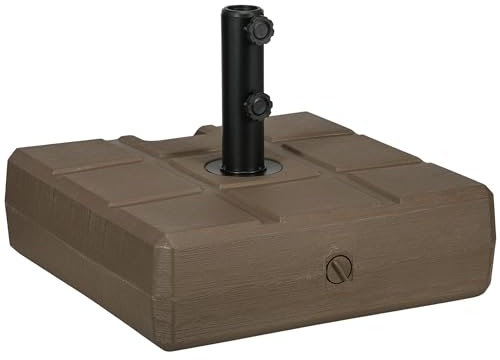 Outsunny Base per Ombrellone da Giardino Riempibile con Maniglia Incorporata e Beccuccio Laterale, Basamento per Ombrellone in HDPE, per Pali di Ombrelloni da Ø28/38/48 mm, 49x49x36.5 cm, Marrone