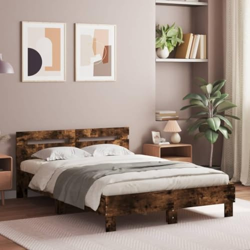 KTHLBRH Bettgestell Familienbett Doppelbett Schlafzimmer möbel Bettgestell mit Kopfteil LED-Beleuchtung Räuchereiche 120x190cm