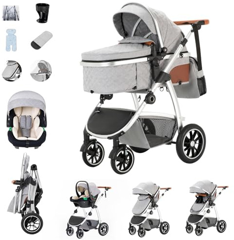 Zkiprm Cochecito 3 en 1 con asiento de coche, cochecito compacto y portátil, apoyabrazos ajustables, protección contra golpes, marco de aluminio
