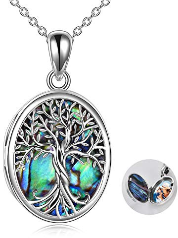 YAFEINI Lebensbaum Medaillon Kette für Fotos Geeignet 925er Sterling Silber Lebensbaum Medaillon Halskette Abalone Muschel Anhänger Schmuck Geschenk für Damen Ehefrauen