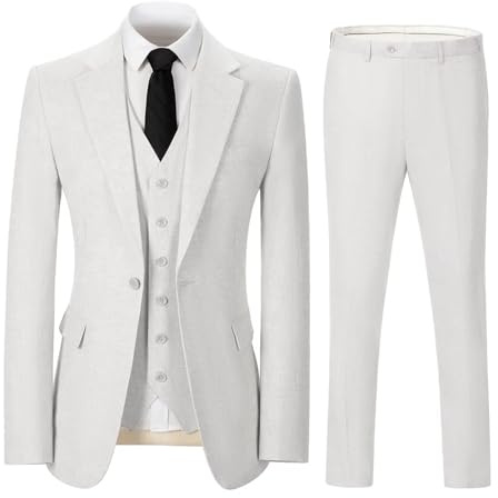 Solovedress Herren Anzug 3 Teilig Leinen Hochzeitsanzug Smoking Anzüge Regular Fit 1 Knopf für Hochzeitsfeier (Blazer + Weste + Hose)(Weiß,XL)
