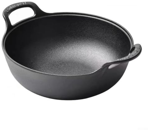 Cast Iron Wok Pan Uncoated Dual Handles and Wooden Lid Flat Bottom Cookware | Non-Stick Frying Pan For Induction Gas Electric Stove For Stir-Frying, Deep-Frying, Braising, Steaming