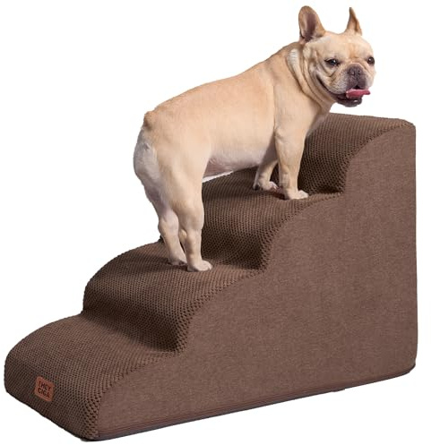 EHEYCIGA Escalier pour Chiens et Chats, Rampe pour Chien 4 Marches, Mousse Haute Densité, Surface Antidérapante, Housse Amovible et Lavable, pour Canapé et Lit, Marron