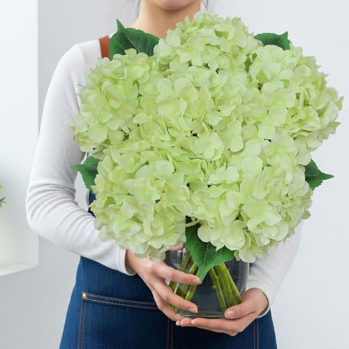 VYZXZAF Silk Light Green Hydrangea Artificial Flowers with Stem, 6Pcs 20 Large Full Faux Flower Lifelike Artificial Hydrangeas for Home Table Realistic Bouquet Plant Centerpiece Bush Outdoors Porch