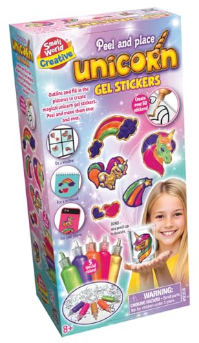 Small World Toys Unicorn Gel Stickers Art Kit, Peel and Place, Ages 8+, with Bonus Glass, 5 Bottles of 3D Window Paint, Arts and Crafts for Ages 8+