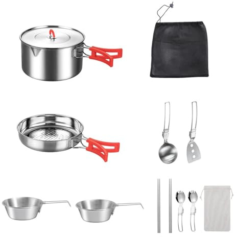 Matériel De Cuisine pour Camping | Équipement De Survie en Acier Inoxydable avec Ustensiles,Set De Cuisson Au Feu De Camp avec Sac De Transport - pour Pique-Nique Randonnée Pêche Voyage
