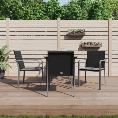 QJBSAVVA 5-TLG. Garten-Essgruppe Schwarz 80x80 cm Tisch mit gehärtetem Glas 4 Stühle Poly-Rattan dunkelgrau gepolstert platzsparendes Balkonmöbel-Set für Garten Terrasse Balkon