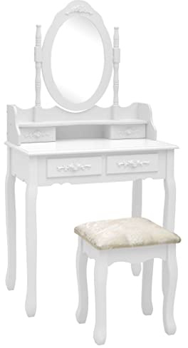 Set Toeletta con Sgabello in Legno di Paulownia, Design Elegante con 4 Cassetti e Specchio, Postazione Trucco e Vanity Desk for Makeup, Toilette da Trucco per Camera da Letto, Bianco, 75x69x140 cm