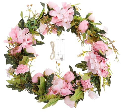 Cabilock Beleuchteter Türkranz 40cm, Künstlicher Sommerkranz | Wand Gartenkranz mit LED Lichterkette für Haustür ganzjährig, Aesthetic Blumenkranz aus Seide für Wand und Balkon Deko