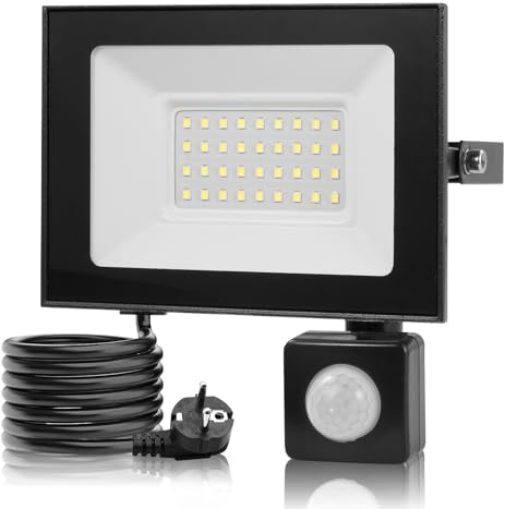 30W Focos LED Exterior con Sensor de Movimiento,6500K Blanco Frío Foco Exterior con Enchufe & 145cm Cables,3000LM Foco Proyector LED,IP66 Impermeable Luz de Seguridad para Jardín Patios Garaje