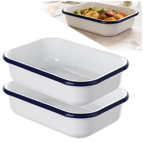 YKUKIZEE 2 PCS Oblong Enamel Bake Pan 21x15 CM, Rectangular Roasting Tin Serving Dish, White Enamel Pie Dish for Oven Baking Stove
