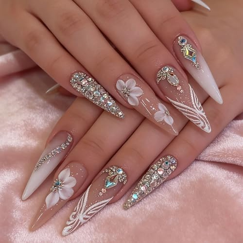 Floruvia 24 stück lange drucknägel stiletto-geformte künstliche nägel handgemachte falsche nägel mit strassdesigns weiß ombre glitzer kunstnägel luxus kleben