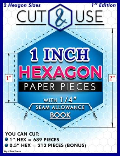 1 Inch Hexagons (Side Length) - Cut and Use Hexagon Templates Book for English Paper Piecing: 1 Hexies with 1/4 Seam Allowance | Pre-Marked Center ... Templates for Quilting, Patchwork & Crafts
