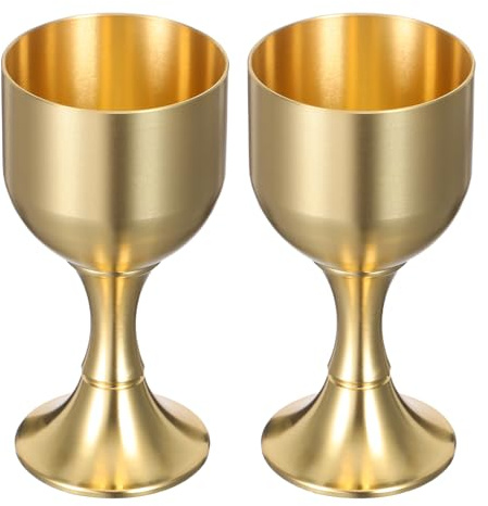 ASAKKURA Set 2 Calici da Cerimonia in Ottone Vintage, Stelo Alto Oro | Impugnatura Comoda, Mantiene la Temperatura della Mano Lontana dal Contenuto, per Matrimoni, Celebrazioni Religiose
